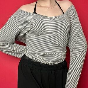 Hand sewn / green / grey and white horizontal striped long sleeve​​​​​​​​​​​